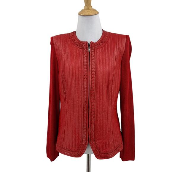 Nygard Jacket Womens S Small Red Leather Shoulder Pads Full Zip Braided Trim - Picture 1 of 12